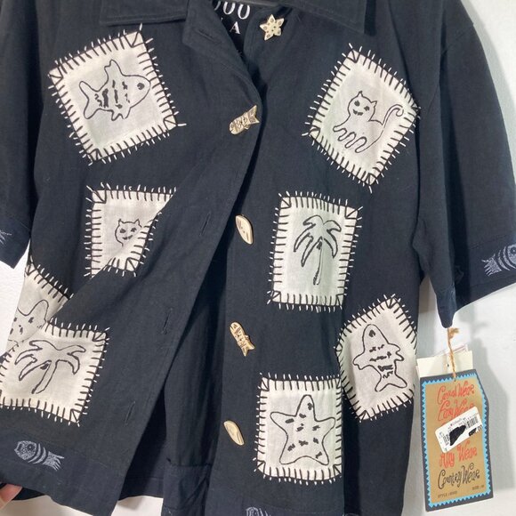 Womens Country Wear Button Front Patch Top Cats Fish Tree M NWT Cotton Linen Ble - Picture 4 of 13
